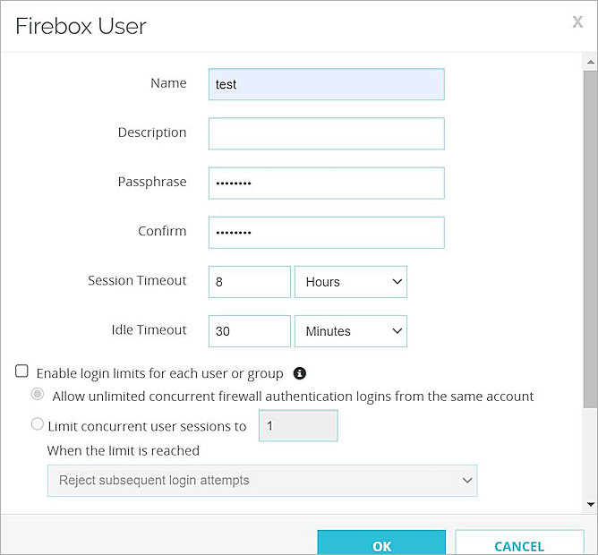 Screen shot of the Firebox User dialog box